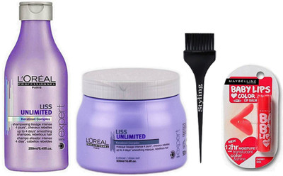 

styling Hair Brush, L'Oreal Liss Unlimited Shampoo & Spa, Maybelline Cherry Kiss Lipbalm(Set of 4)