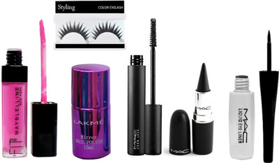 

Styling Of Eyelashes With Mac liquid Eyeliner With Zoom lash mascara,stick kajal,pink lip gloss & Lekme mirror nail polish(Set of 6)