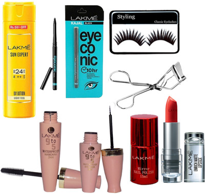 

styling Eyelashes&Curler&Lakme Eyeconic Kajal Pack of 2&Nail Paint&Sun expert&Lakme Enrish Lipstick&9to5 Eyeliner&Mascara(Set of 9)