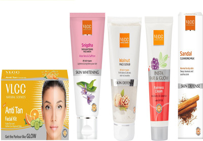 

VLCC Anti tan Kit 50g+Snigdha FW 100ml+Insta fairness 50g+Walnut 80g+ Sandal cleansing milk 100ml(Set of 5)
