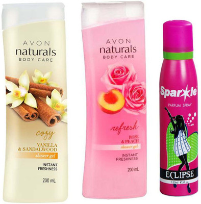 

Avon Anew vanilla sandalwood shower gel 200 ml & one Naturals Body care Rose & Peach Shower Gel (200 ml) With one sparkle perfume spray 150 ml(Set of 3)