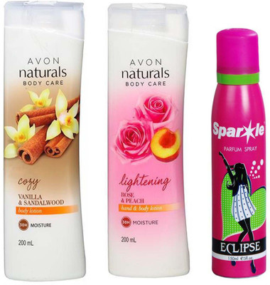 

Avon Anew vanilla sandalwood body lotion 200 ml & Naturals Body Care Rose & Peach hand & body lotion (200 ml) With one sparkle perfume spray 150 ml(Set of 3)