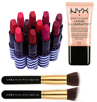 

Studio fix combo Makeup Brush set 2&Mac Matte Finish Set 11, NYX Illuminator Liquid Foundation Born To Glow(Set of 14)