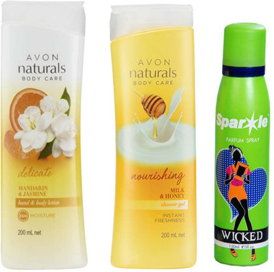 

Avon Anew Naturals mandarin & jasmine body lotion (200 ml) & one Naturals Body Care Nourishing Milk & Honey Shower Gel (200 ml) With one sparkle perfume spray 150 ml(Set of 3)