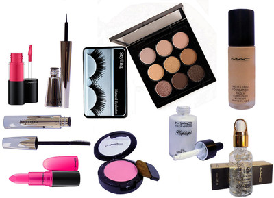 

styling Eyelashes & mac Eye shadow 9 shades palette, Mac matte liquid foundation, Mac pink shade blusher, Mac Prep+Prime skin base visage Highlighter,Mac Smoothing Perfecting Primer Rediance Concentrate,mac versicolour stain lipgloss, mac candy yum yum li
