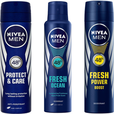 

Nivea MEN PROTECT & CARE DEODORANT 150 ML + MEN FRESH OCEAN DEODORANT 150 ML+MEN FRESH POWER BOOST DEODORANT 150 ML Deodorant Spray - For Men & Women(150 ml, Pack of 3)