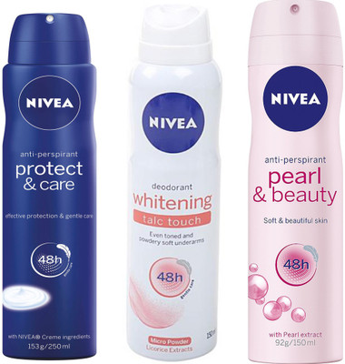 

Nivea PROTECT & CARE DEODORANT 150 ML +PERL & BEAUTY DEODORANT 150 ML+WHITENING TALC TOUCH DEODORANT 150 ML Deodorant Spray - For Men & Women(150 ml, Pack of 3)