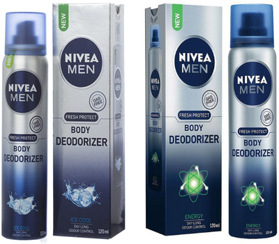 

Nivea MEN ICE BODY DEODORIZER 120 ML + MEN ENERGY BODY DEODORIZER 120 ML Deodorant Spray - For Men(120 ml, Pack of 2)