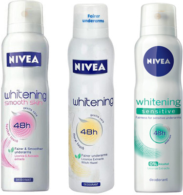 

Nivea WHITENING SENSITIVE SKIN DEODORANT 150 ML + WHITENING SMOOTH SKIN DEODORANT 150 ML+WHITENING FLORAL DEODORANT 150 ML Deodorant Spray - For Men & Women(150 ml, Pack of 3)