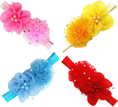 

Ziory 4 pcs Red,Sky Blue, Yellow & Baby Pink Girls Pearl flower diamond Headband Flower Bands Newborn Flower Hair Accessories for Baby Girls Baby Soft Wrap Elastic Flower Hair accessories for Kids Head Band, Hair Accessory Set, Rubber Band, Bun Clip(Pink,