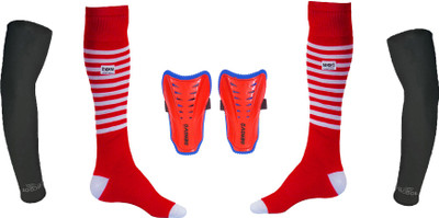

DeNovo Ultimate Protection (One Pair Large Shin Guard + One Pair Lycra Striped Knee Length Football Socks + One Pair UV Protection Arm Sleeves) Football Kit