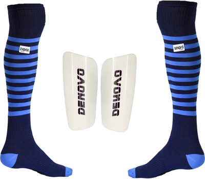 DeNovo Football Kit (One Pair Large Shin Guard + One Pair Lycra Striped Knee Length Football Socks) Football Kit