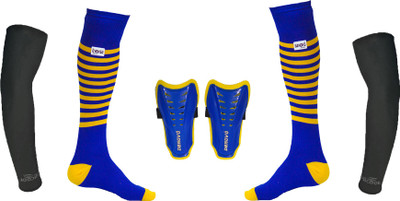 

DeNovo Ultimate Protection (One Pair Large Shin Guard + One Pair Lycra Striped Knee Length Football Socks + One Pair UV Protection Arm Sleeves) Football Kit