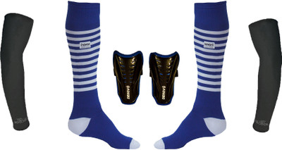 

DeNovo Ultimate Protection (One Pair Large Shin Guard + One Pair Lycra Striped Knee Length Football Socks + One Pair UV Protection Arm Sleeves) Football Kit