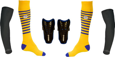 

DeNovo Ultimate Protection (One Pair Large Shin Guard + One Pair Lycra Striped Knee Length Football Socks + One Pair UV Protection Arm Sleeves) Football Kit