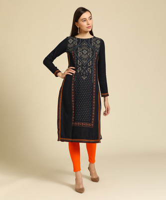 W Women Self Design Straight Kurta(Dark Blue, Orange)