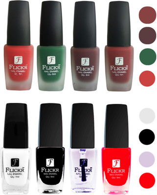 

Flickr Velvet Matte Nail Polish + Glossy Nail Polish Combo (4+4) Black,White Top Coat,Red,Red,Green,Maroon,Reddish Maroon(Pack of 8)