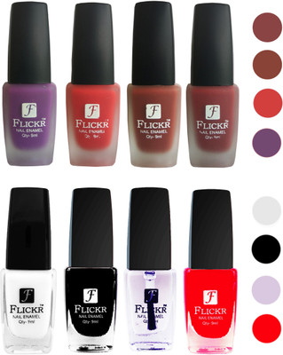 

Flickr Velvet Matte Nail Polish + Glossy Nail Polish Combo (4+4) Black,White Top Coat,Red,Purple,Red,Nude,Reddish Maroon(Pack of 8)