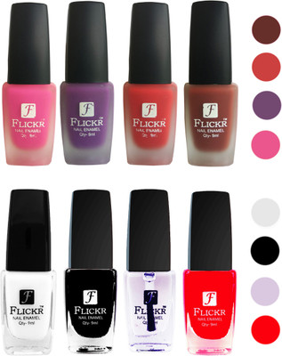 Flickr Velvet Matte Nail Polish + Glossy Nail Polish Combo (4+4) Black,White Top Coat,Red,Pink,Purple,Red,Nude(Pack of 8)