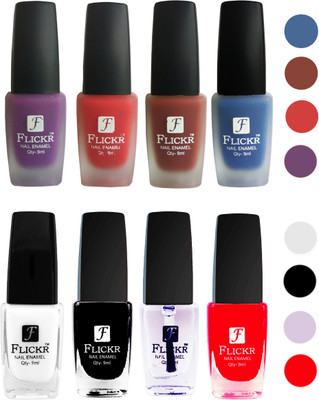 

Flickr Velvet Matte Nail Polish + Glossy Nail Polish Combo (4+4) Black,White Top Coat,Red,Purple,Red,Nude,Blue(Pack of 8)