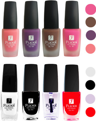 

Flickr Velvet Matte Nail Polish + Glossy Nail Polish Combo (4+4) Black,White Top Coat,Red,Peach,Purple,Brown,Pink(Pack of 8)