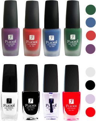 

Flickr Velvet Matte Nail Polish + Glossy Nail Polish Combo (4+4) Black,White Top Coat,Red,Purple,Red,Blue,Green(Pack of 8)