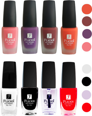 

Flickr Velvet Matte Nail Polish + Glossy Nail Polish Combo (4+4) Black,White Top Coat,Red,Peach,Purple,Reddish Maroon,Orange(Pack of 8)