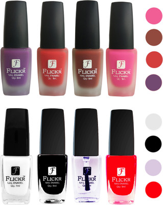 

Flickr Velvet Matte Nail Polish + Glossy Nail Polish Combo (4+4) Black,White Top Coat,Red,Purple,Red,Nude,Pink(Pack of 8)