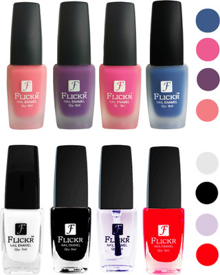 

Flickr Velvet Matte Nail Polish + Glossy Nail Polish Combo (4+4) Black,White Top Coat,Red,Peach,Purple,Pink,Blue(Pack of 8)