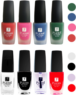 

Flickr Velvet Matte Nail Polish + Glossy Nail Polish Combo (4+4) Black,White Top Coat,Red,Red,Pink,Blue,Green(Pack of 8)