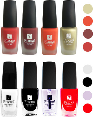 

Flickr Velvet Matte Nail Polish + Glossy Nail Polish Combo (4+4) Black,White Top Coat,Red,Red,Reddish Maroon,Orange,Golden(Pack of 8)
