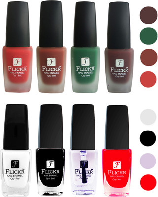 

Flickr Velvet Matte Nail Polish + Glossy Nail Polish Combo (4+4) Black,White Top Coat,Red,Red,Nude,Green,Maroon(Pack of 8)