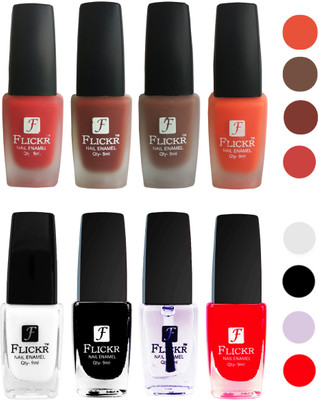 

Flickr Velvet Matte Nail Polish + Glossy Nail Polish Combo (4+4) Black,White Top Coat,Red,Red,Nude,Brown,Orange(Pack of 8)