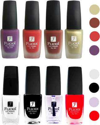

Flickr Velvet Matte Nail Polish + Glossy Nail Polish Combo (4+4) Black,White Top Coat,Red,Purple,Red,Nude,Golden(Pack of 8)