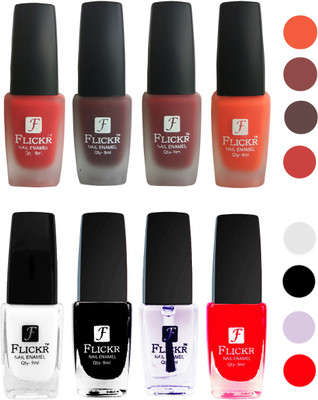 

Flickr Velvet Matte Nail Polish + Glossy Nail Polish Combo (4+4) Black,White Top Coat,Red,Red,Maroon,Reddish Maroon,Orange(Pack of 8)
