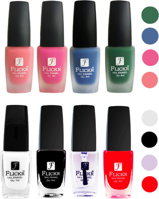 

Flickr Velvet Matte Nail Polish + Glossy Nail Polish Combo (4+4) Black,White Top Coat,Red,Peach,Pink,Blue,Green(Pack of 8)