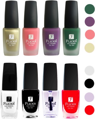 

Flickr Velvet Matte Nail Polish + Glossy Nail Polish Combo (4+4) Black,White Top Coat,Red,Golden,Peach,Purple,Green(Pack of 8)