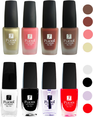 

Flickr Velvet Matte Nail Polish + Glossy Nail Polish Combo (4+4) Black,White Top Coat,Red,Golden,Peach,Nude,Brown(Pack of 8)