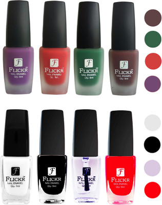 

Flickr Velvet Matte Nail Polish + Glossy Nail Polish Combo (4+4) Black,White Top Coat,Red,Purple,Red,Green,Maroon(Pack of 8)