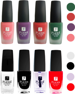 

Flickr Velvet Matte Nail Polish + Glossy Nail Polish Combo (4+4) Black,White Top Coat,Red,Peach,Purple,Red,Green(Pack of 8)