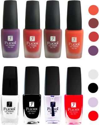 

Flickr Velvet Matte Nail Polish + Glossy Nail Polish Combo (4+4) Black,White Top Coat,Red,Purple,Red,Reddish Maroon,Orange(Pack of 8)