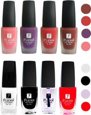 

Flickr Velvet Matte Nail Polish + Glossy Nail Polish Combo (4+4) Black,White Top Coat,Red,Peach,Purple,Red,Nude(Pack of 8)