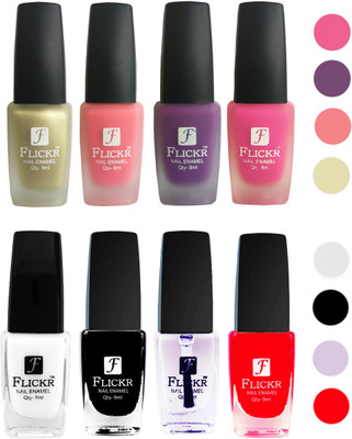 

Flickr Velvet Matte Nail Polish + Glossy Nail Polish Combo (4+4) Black,White Top Coat,Red,Golden,Peach,Purple,Pink(Pack of 8)