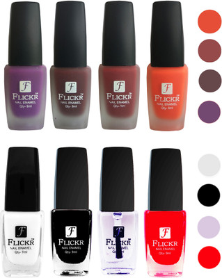 

Flickr Velvet Matte Nail Polish + Glossy Nail Polish Combo (4+4) Black,White Top Coat,Red,Purple,Maroon,Reddish Maroon,Orange(Pack of 8)