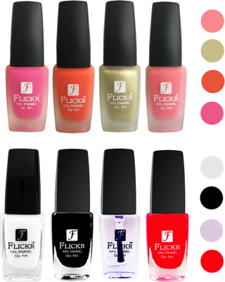 

Flickr Velvet Matte Nail Polish + Glossy Nail Polish Combo (4+4) Black,White Top Coat,Red,Pink,Orange,Golden,Peach(Pack of 8)