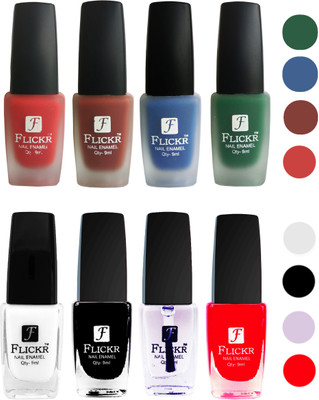 

Flickr Velvet Matte Nail Polish + Glossy Nail Polish Combo (4+4) Black,White Top Coat,Red,Red,Nude,Blue,Green(Pack of 8)