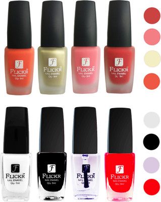 

Flickr Velvet Matte Nail Polish + Glossy Nail Polish Combo (4+4) Black,White Top Coat,Red,Orange,Golden,Peach,Red(Pack of 8)
