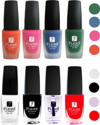 

Flickr Velvet Matte Nail Polish + Glossy Nail Polish Combo (4+4) Black,White Top Coat,Red,Orange,Pink,Blue,Green(Pack of 8)