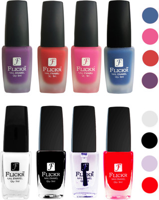 

Flickr Velvet Matte Nail Polish + Glossy Nail Polish Combo (4+4) Black,White Top Coat,Red,Purple,Red,Pink,Blue(Pack of 8)