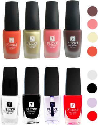 

Flickr Velvet Matte Nail Polish + Glossy Nail Polish Combo (4+4) Black,White Top Coat,Red,Orange,Golden,Peach,Maroon(Pack of 8)